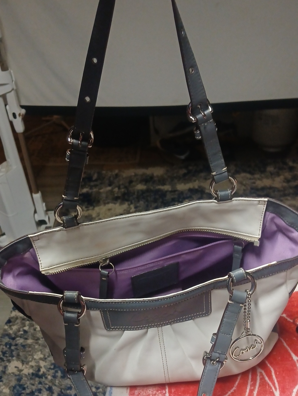 Coach White Leather Tote with Gray Trim
